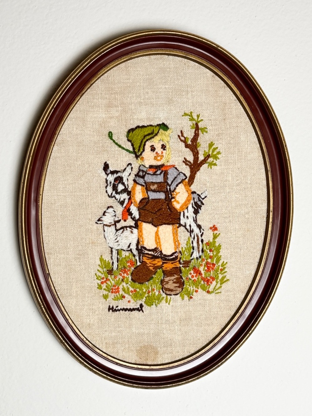 VTG Hummel Boy With Goats Finished Embroidery in Gold/Brass Plastic Frame